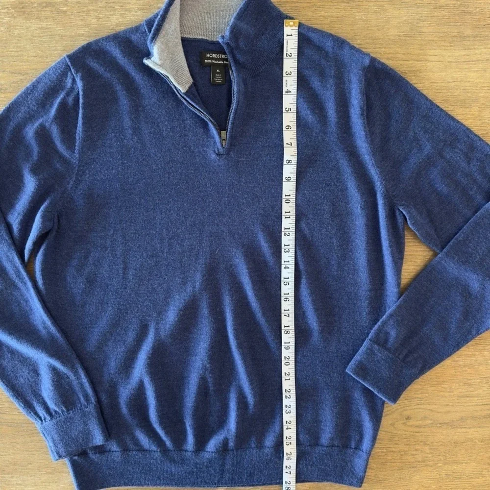 Nordstrom 100% Washable Merino‎ Wool 1/4 Zip Sweater-Blue-Contrast Neck-Size XL